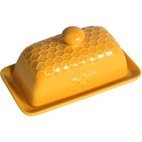 Ceramic Butter Dish with Lid Butter Keeper Butter Plate Tray for Kitchen Countertop Honeycomb and Bee Pattern Butter Crock Keeper Saver