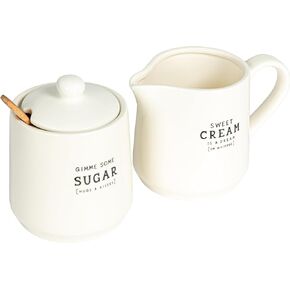 Creative Co-Op Charming Stoneware Creamer & Sugar Pot Set with Spoon, White