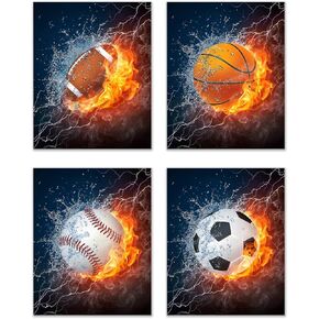 Summit Designs Flame Sports Balls Wall Art Décor – Set of 4 Unframed (11x14) Poster Photos – Basketball Baseball Soccer Football