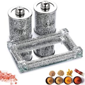 Crystal Salt and Pepper Shakers, Salt Pepper Jar Storage Pots for Kitchen Counter Dining Room, Sparkly Bling Shaker Set with Tray, Crushed Diamond Home Decor Elegant kitchen Decor