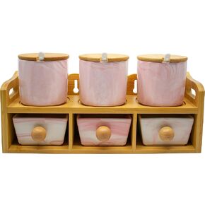 Stephanie Imports Set of 6 Tiered Marble Ceramic Condiment Spice Jars & Drawers With Spoons, Bamboo Lids and Rack (Pink)