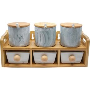 Stephanie Imports Set of 6 Tiered Marble Ceramic Condiment Spice Jars & Drawers With Spoons, Bamboo Lids and Rack (Pink)