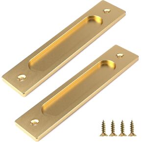 2 Pack Barn Door Handles, 6 Inch Flush Door Pull, Recessed Door Handles, Sliding Closet Door Finger Pull, Rectangular Flat Plate for Pocket Door Drawer Cabinet Cupboard (Gold)