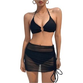 MakeMeChic Women's 3 Piece Bikini Sets Ring Halter String Triangle Thong Swimsuit with Drawstring Mesh Beach Skirt