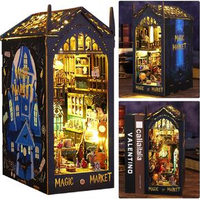 ISSEVE DIY Book Nook Kit, 3D Wooden Puzzle DIY Miniature House Kit for Book Nook Shelf Insert Decoration, Magic Book House Stand Bookshelf Dollhouse for Adults with Sensor Light (Library of Books)
