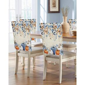DecorLovee Fall Blue Pumpkins Chair Back Cover, Orange Grey Thanksgiving Dining Chair Protector Covers, Botanical Rustic Chair Covers Removable Chair Slipcovers for Banquet Party 19"x20", 4 Pack