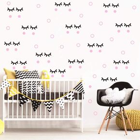72 Pcs Cute Eyelashes with 112 pcs Little Polka Dots Wall Decor Sticker Solid and Hollow circle Stickers Nursery Baby Room Closed Eyes eyelash Wall Sticker Vinyl Art Decorative Wall Decal (black+pink)