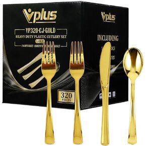 Vplus 320 Gold Plastic Silverware Set, Plastic Cutlery Set, Disposable Flatware, 160 Plastic Forks, 80 Plastic Spoons, 80 Cutlery Knives Heavy Duty Silverware for Party
