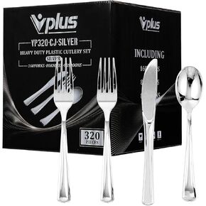 Vplus 320 Gold Plastic Silverware Set, Plastic Cutlery Set, Disposable Flatware, 160 Plastic Forks, 80 Plastic Spoons, 80 Cutlery Knives Heavy Duty Silverware for Party