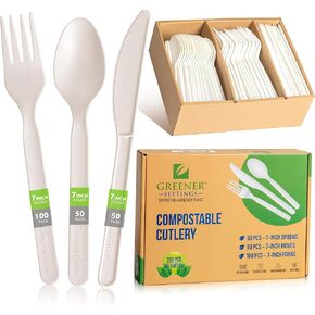 100% Compostable/Forks Spoons Knives Cutlery Combo Set - 200 Large Disposable Utensils 7" Durable Heat Resistant Alternative to Plastic Silverware with Convenient Tray - Greener Settings (50 Sets)
