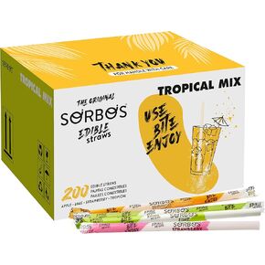 SORBOS Edible Straws, Tropical Mix Flavor Variety, Tropical, Strawberry, Lime, Apple, Individually Wrapped, No Allergens, No Gluten, 7.4 inches long (Pack of 200)