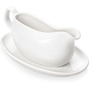 MALACASA 14 oz Gravy Boat with Saucer Stand, Porcelain Sauce Boat with Tray for Salad Dressings, Creamer, Broth, Milk, Ergonomic Handle, Microwave & Dishwasher Safe (White)