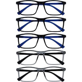 OPULIZE Ink Reading Glasses 5 Pack Large Rectangular Frame Black Transparent Grey Spring Hinges Scratch Resistant Mens Womens RRRRR4-11177 +2.50