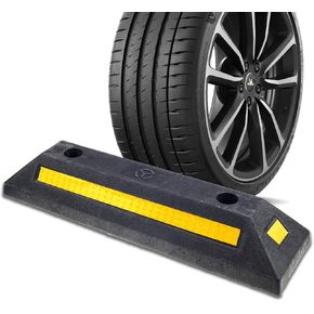 Rubber Curb, Black Heavy Duty Parking Blocks Parking Target with Yellow Refective Stripes, Wheel Stop Stoppers for Car, Truck, RV, Trailer, and Garage, 2 Pack Professional Grade