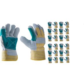 Kavish 12 Pack Leather Safety Work Gloves for Men and Women.Double palm Cowhide Reinforced Glove for Gardening workers, Heavy Construction Duty,Outside all kind of works (Large)