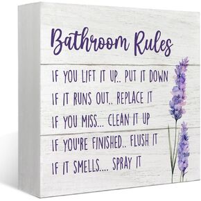 Bathroom Rules Wooden Box Sign Desk Decor,Lavender Purple Farmhouse Toilet Decorations,Restroom Shelf Decor,Rustic Toilet Wood Block Plaque Sign for Home Tabletop Desk,5x5