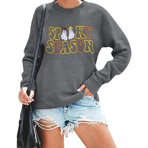 VILOVE Halloween Sweatshirt Women Spooky Season Sweatshirt Cute Ghost Pullover Boo Tee Spooky Embroidery Long Sleeve Tops