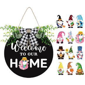 Gnome Wooden Seasonal Welcome Door Sign Interchangeable Welcome to Our Home Round Wood Hanging Front Door Sign with Burlap Bow with 12 Seasonal Ornament for Independence Day Holiday Porch (Black)