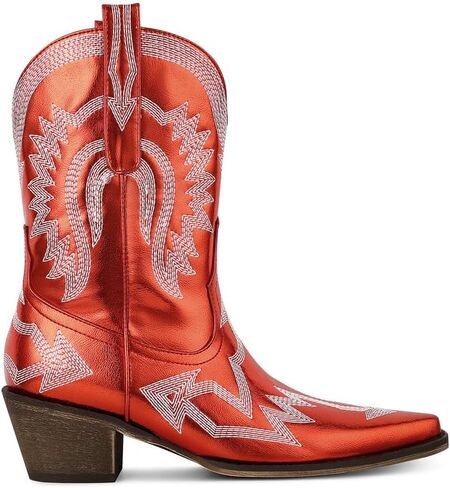 AMINUGAL Cowgirl Boots Chunky Heel Cowboy Boots for Women Pointed Toe Pull On Western Boots Women's Ankle Boots Country Concert Fashion Retro Metallic Booties in Kuwait