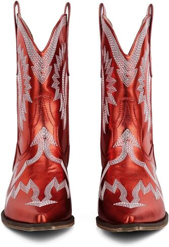AMINUGAL Cowgirl Boots Chunky Heel Cowboy Boots for Women Pointed Toe Pull On Western Boots Women's Ankle Boots Country Concert Fashion Retro Metallic Booties in Kuwait