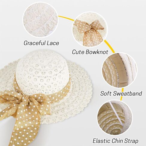 قبعة الشمس للفتيات من القش مع عقدة على شكل فيونكة، قبعة الشاطئ الصيفية بوهو، قبعة مرنة ذات حافة واسعة، قبعة للحماية من الشمس في الهواء الطلق للأطفال من سن 3 إلى 6 سنوات in Kuwait