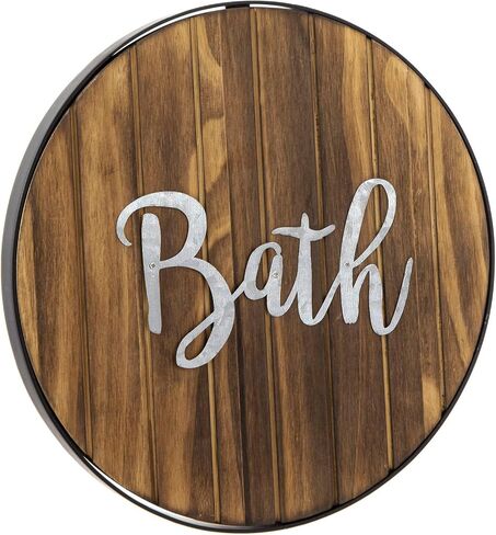 MyGift Rustic Round Decorative Hanging Bath Sign, Farmhouse Solid Wood and Galvanized Cursive Lettering Mounted Bathroom Wall Decor in Saudi Arabia