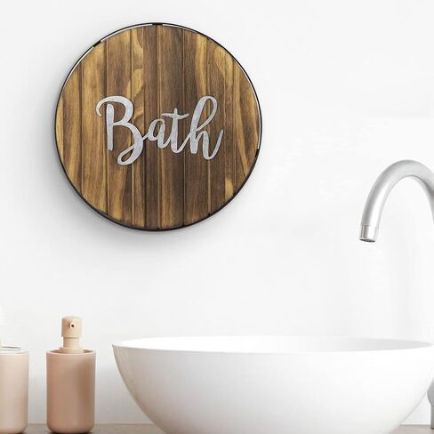 MyGift Rustic Round Decorative Hanging Bath Sign, Farmhouse Solid Wood and Galvanized Cursive Lettering Mounted Bathroom Wall Decor in Saudi Arabia
