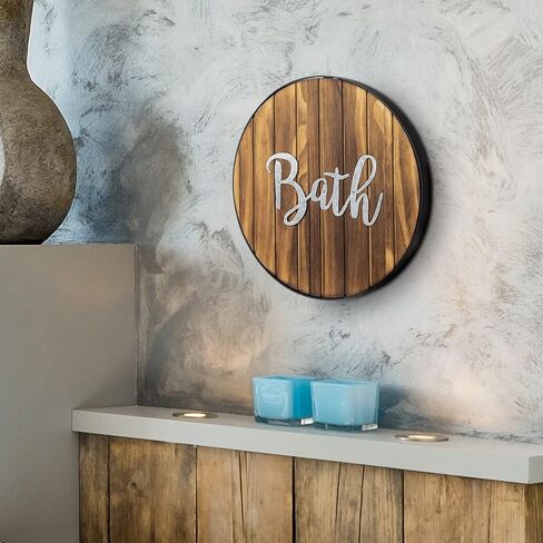 MyGift Rustic Round Decorative Hanging Bath Sign, Farmhouse Solid Wood and Galvanized Cursive Lettering Mounted Bathroom Wall Decor in Saudi Arabia