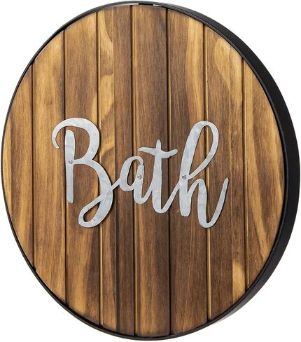 MyGift Rustic Round Decorative Hanging Bath Sign, Farmhouse Solid Wood and Galvanized Cursive Lettering Mounted Bathroom Wall Decor in Saudi Arabia