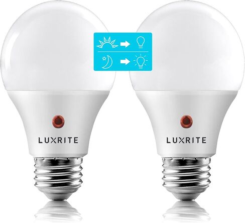 مصابيح LUXRITE A19 LED من الغسق إلى الفجر للإضاءة الخارجية، ما يعادل 60 وات، تصنيف تركيبات مغلقة، مستشعر تشغيل تلقائي، 5000K أبيض ساطع، 800 لومن، تقييم رطب، قاعدة E26 (عبوتان) in Kuwait