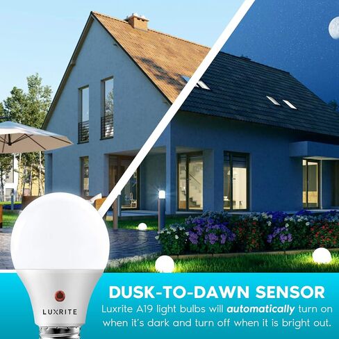 مصابيح LUXRITE A19 LED من الغسق إلى الفجر للإضاءة الخارجية، ما يعادل 60 وات، تصنيف تركيبات مغلقة، مستشعر تشغيل تلقائي، 5000K أبيض ساطع، 800 لومن، تقييم رطب، قاعدة E26 (عبوتان) in Kuwait