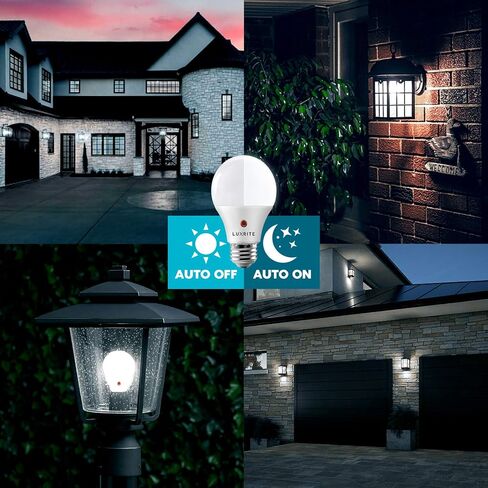 مصابيح LUXRITE A19 LED من الغسق إلى الفجر للإضاءة الخارجية، ما يعادل 60 وات، تصنيف تركيبات مغلقة، مستشعر تشغيل تلقائي، 5000K أبيض ساطع، 800 لومن، تقييم رطب، قاعدة E26 (عبوتان) in Kuwait