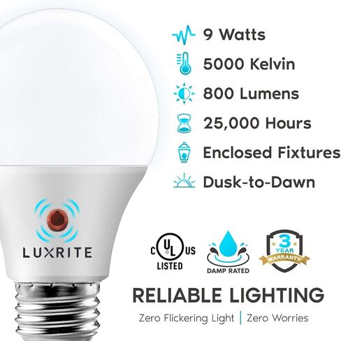 مصابيح LUXRITE A19 LED من الغسق إلى الفجر للإضاءة الخارجية، ما يعادل 60 وات، تصنيف تركيبات مغلقة، مستشعر تشغيل تلقائي، 5000K أبيض ساطع، 800 لومن، تقييم رطب، قاعدة E26 (عبوتان) in Kuwait