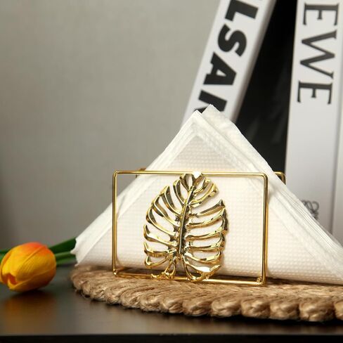 Napkin Holder For Table, Tiny Gold Leaf Metal Napkin Organizer Kitchen Decor, Dining Table Accessories (Rectangle) in Kuwait