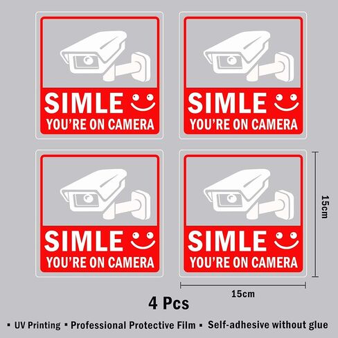 4 قطع لافتة مراقبة فيديو - ابتسامة أنت على الكاميرا، لافتة كاميرا أمان، لافتات مراقبة فيديو، ملصقات أمان للأبواب والنوافذ - 6 × 6 بوصة in Kuwait