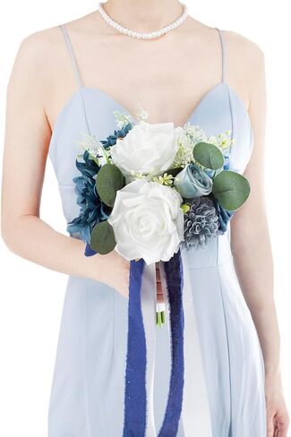 7 Inch Dusty Blue & Navy Blue Wedding Bouquets for Bride Bridesmaids White Artificial Roses Flower Toss Tossing Bridal Bouquet for Rustic Boho Fall Wedding Ceremony Party in Kuwait