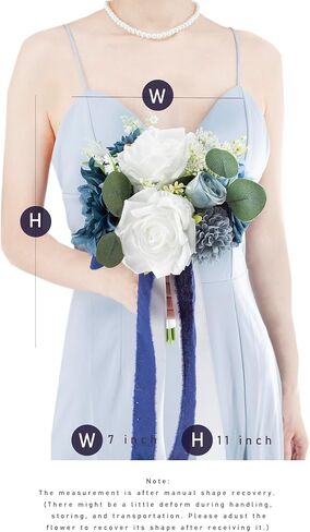 7 Inch Dusty Blue & Navy Blue Wedding Bouquets for Bride Bridesmaids White Artificial Roses Flower Toss Tossing Bridal Bouquet for Rustic Boho Fall Wedding Ceremony Party in Kuwait