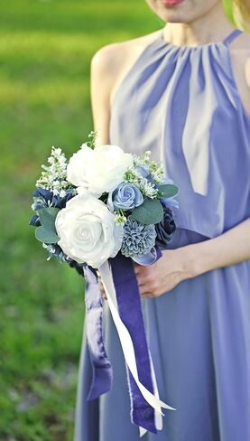 7 Inch Dusty Blue & Navy Blue Wedding Bouquets for Bride Bridesmaids White Artificial Roses Flower Toss Tossing Bridal Bouquet for Rustic Boho Fall Wedding Ceremony Party in Kuwait