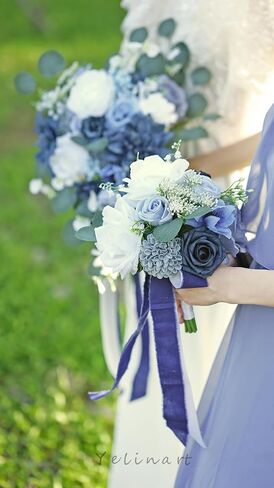 7 Inch Dusty Blue & Navy Blue Wedding Bouquets for Bride Bridesmaids White Artificial Roses Flower Toss Tossing Bridal Bouquet for Rustic Boho Fall Wedding Ceremony Party in Kuwait