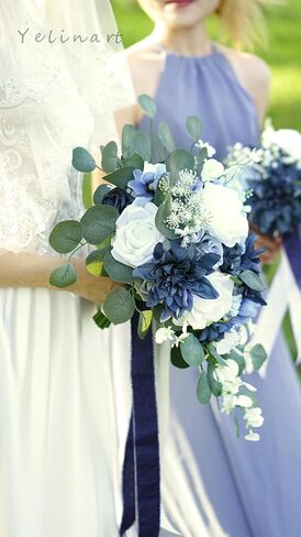 7 Inch Dusty Blue & Navy Blue Wedding Bouquets for Bride Bridesmaids White Artificial Roses Flower Toss Tossing Bridal Bouquet for Rustic Boho Fall Wedding Ceremony Party in Kuwait