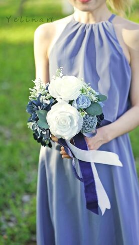 7 Inch Dusty Blue & Navy Blue Wedding Bouquets for Bride Bridesmaids White Artificial Roses Flower Toss Tossing Bridal Bouquet for Rustic Boho Fall Wedding Ceremony Party in Kuwait