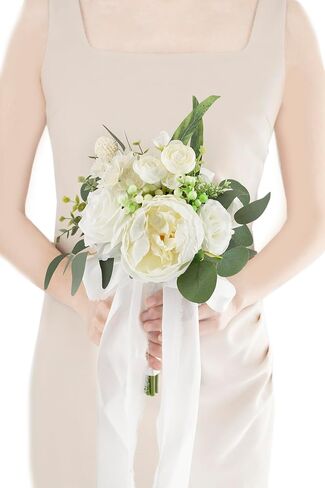 7 Inch Dusty Blue & Navy Blue Wedding Bouquets for Bride Bridesmaids White Artificial Roses Flower Toss Tossing Bridal Bouquet for Rustic Boho Fall Wedding Ceremony Party in Kuwait