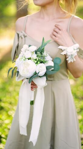 7 Inch Dusty Blue & Navy Blue Wedding Bouquets for Bride Bridesmaids White Artificial Roses Flower Toss Tossing Bridal Bouquet for Rustic Boho Fall Wedding Ceremony Party in Kuwait