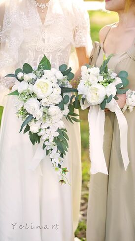 7 Inch Dusty Blue & Navy Blue Wedding Bouquets for Bride Bridesmaids White Artificial Roses Flower Toss Tossing Bridal Bouquet for Rustic Boho Fall Wedding Ceremony Party in Kuwait