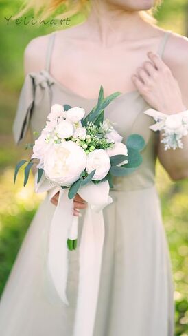 7 Inch Dusty Blue & Navy Blue Wedding Bouquets for Bride Bridesmaids White Artificial Roses Flower Toss Tossing Bridal Bouquet for Rustic Boho Fall Wedding Ceremony Party in Kuwait