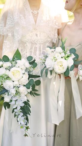 7 Inch Dusty Blue & Navy Blue Wedding Bouquets for Bride Bridesmaids White Artificial Roses Flower Toss Tossing Bridal Bouquet for Rustic Boho Fall Wedding Ceremony Party in Kuwait