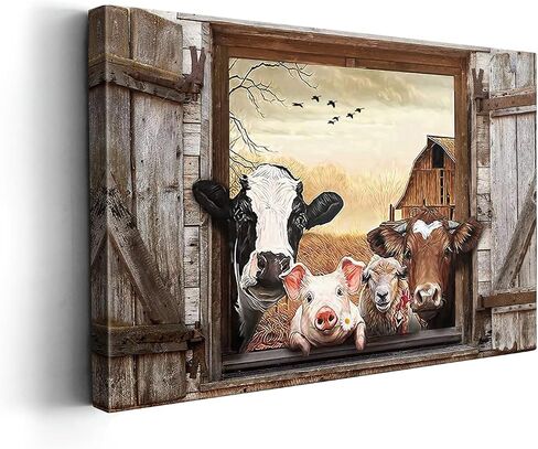 Kasluolo Farmhouse Animals Cow in Fake Window Wall Art Farmhouse Animals Landscape Picture Country Painting Wall Décor for Bathroom Bedroom Office Framed Artwork 12x16 inch in Saudi Arabia