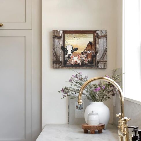 Kasluolo Farmhouse Animals Cow in Fake Window Wall Art Farmhouse Animals Landscape Picture Country Painting Wall Décor for Bathroom Bedroom Office Framed Artwork 12x16 inch in Saudi Arabia