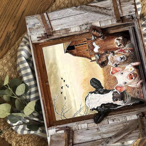 Kasluolo Farmhouse Animals Cow in Fake Window Wall Art Farmhouse Animals Landscape Picture Country Painting Wall Décor for Bathroom Bedroom Office Framed Artwork 12x16 inch in Saudi Arabia