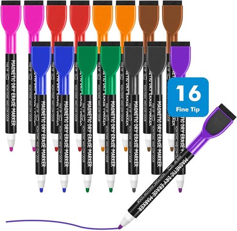 maxtek Magnetic Dry Erase Markers, 16 Colors Fine Tip Whiteboard Markers with Eraser, Low Odor Thin Markers for School Office Home in Saudi Arabia